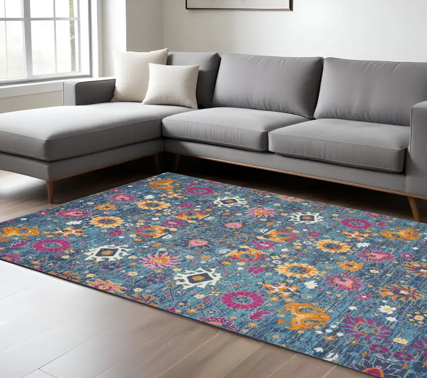 Blue And Orange Floral Distressed Area Rug Photo 2
