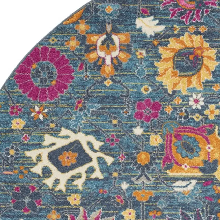 8' Blue And Orange Floral Distressed Round Rug Photo 1