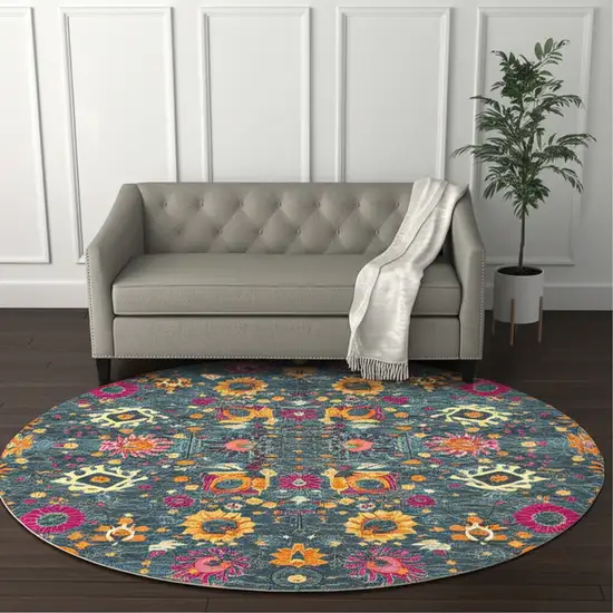 8' Blue And Orange Floral Distressed Round Rug Photo 2