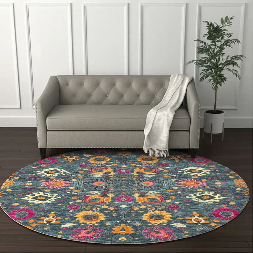 8' Blue And Orange Floral Distressed Round Rug Photo 2