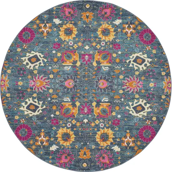 8' Blue And Orange Floral Distressed Round Rug Photo 4