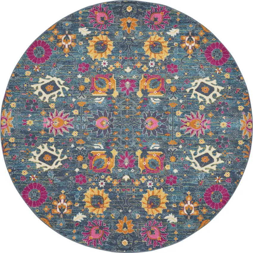 8' Blue And Orange Floral Distressed Round Rug Photo 4