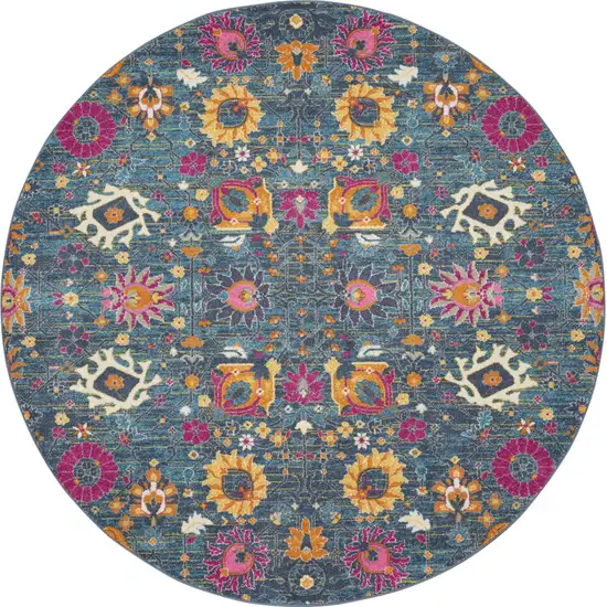 8' Blue And Orange Floral Distressed Round Rug Photo 3
