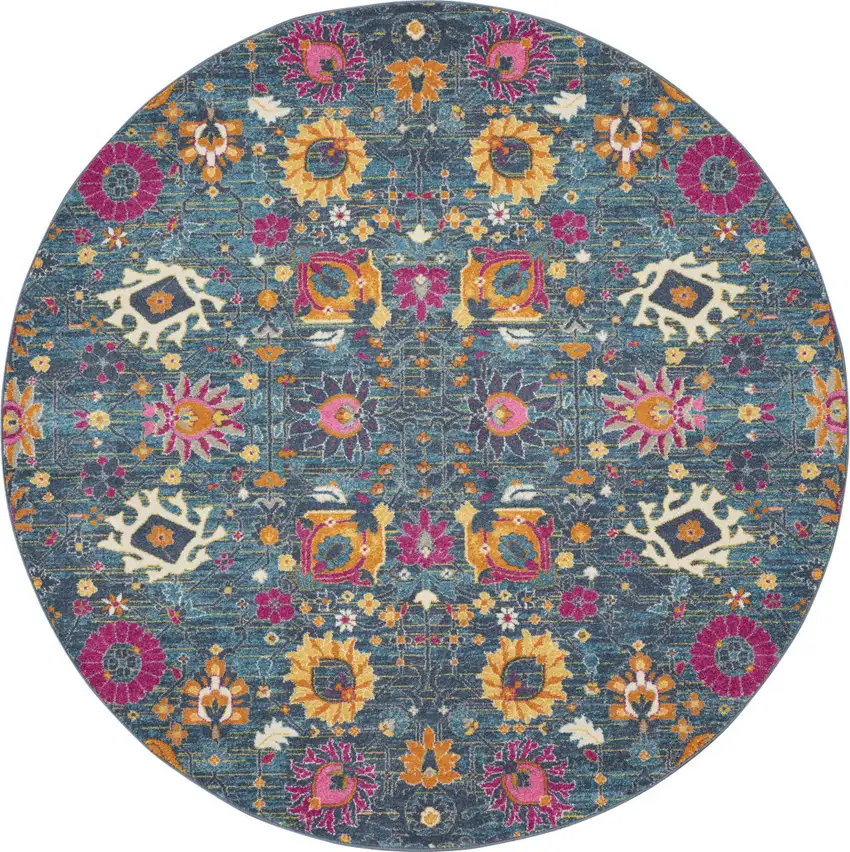 8' Blue And Orange Floral Distressed Round Rug Photo 3