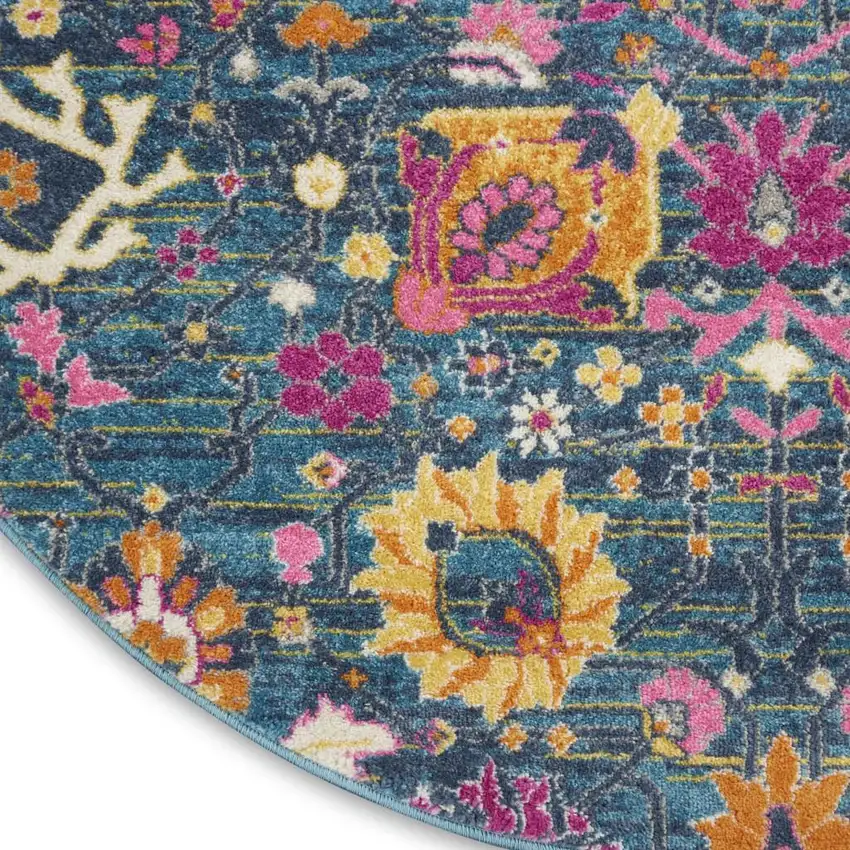 8' Blue And Orange Floral Distressed Round Rug Photo 8