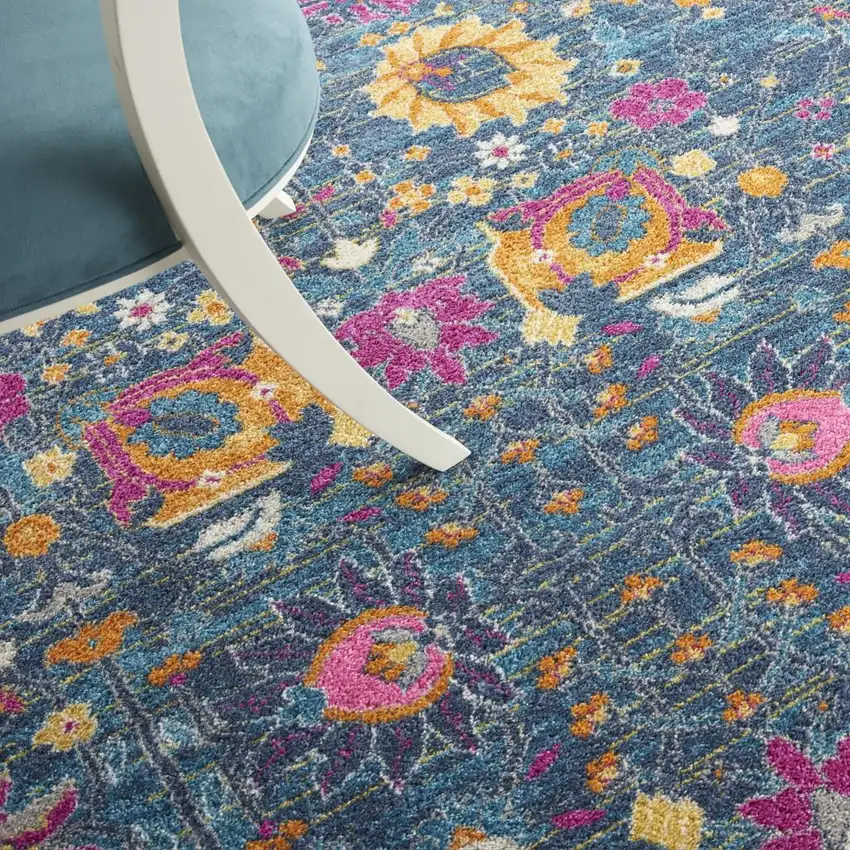 8' Blue And Orange Floral Distressed Round Rug Photo 9