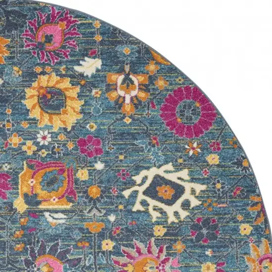8' Blue And Orange Floral Distressed Round Rug Photo 8