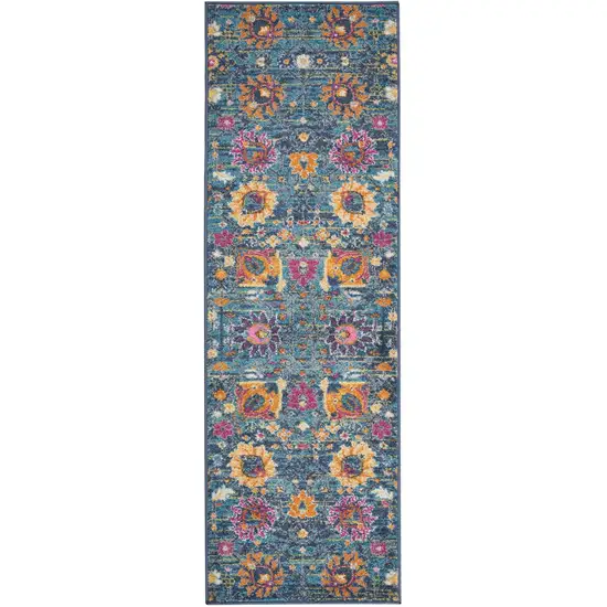 6' Blue And Orange Floral Distressed Runner Rug Photo 8