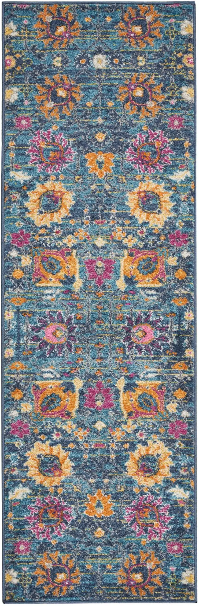 6' Blue And Orange Floral Distressed Runner Rug Photo 8