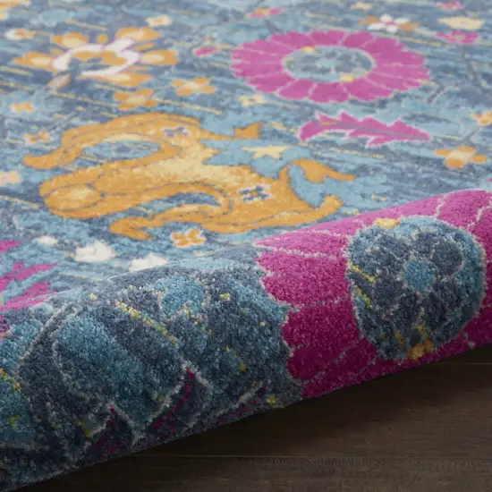 6' Blue And Orange Floral Distressed Runner Rug Photo 5