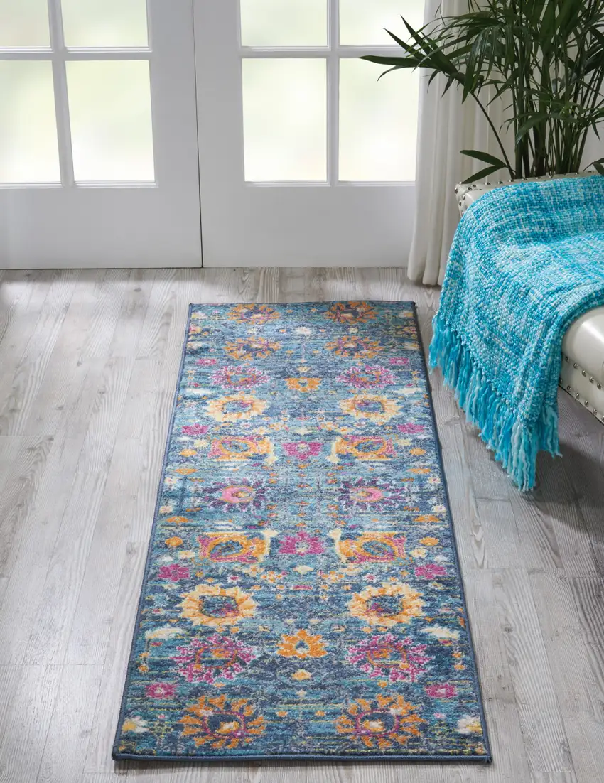 6' Blue And Orange Floral Distressed Runner Rug Photo 7