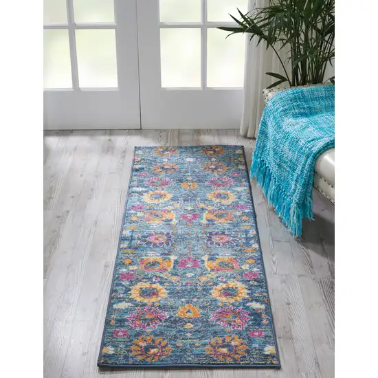 6' Blue And Orange Floral Distressed Runner Rug Photo 7