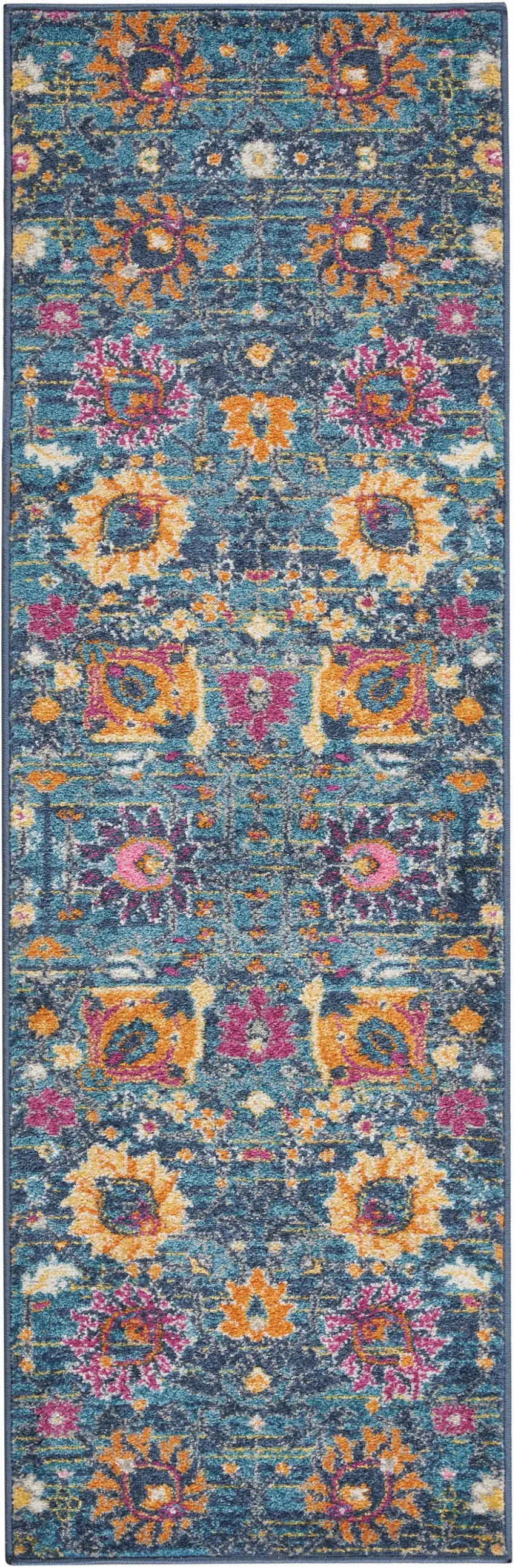 6' Blue And Orange Floral Distressed Runner Rug Photo 2