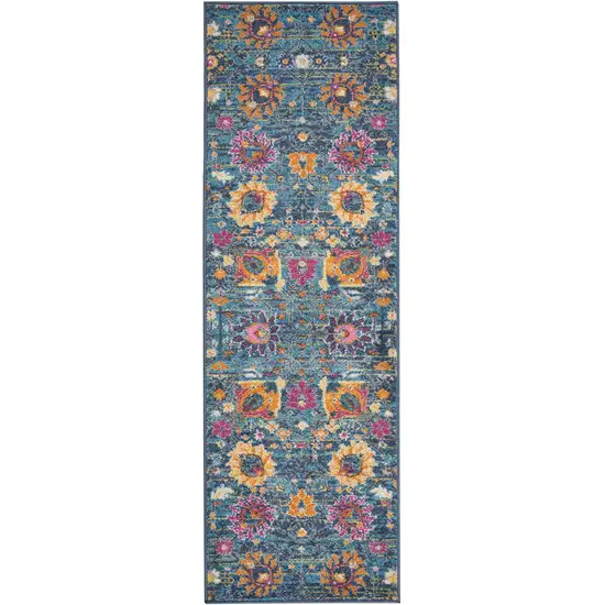 6' Blue And Orange Floral Distressed Runner Rug Photo 2