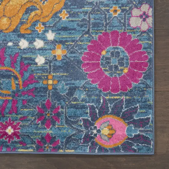 6' Blue And Orange Floral Distressed Runner Rug Photo 6