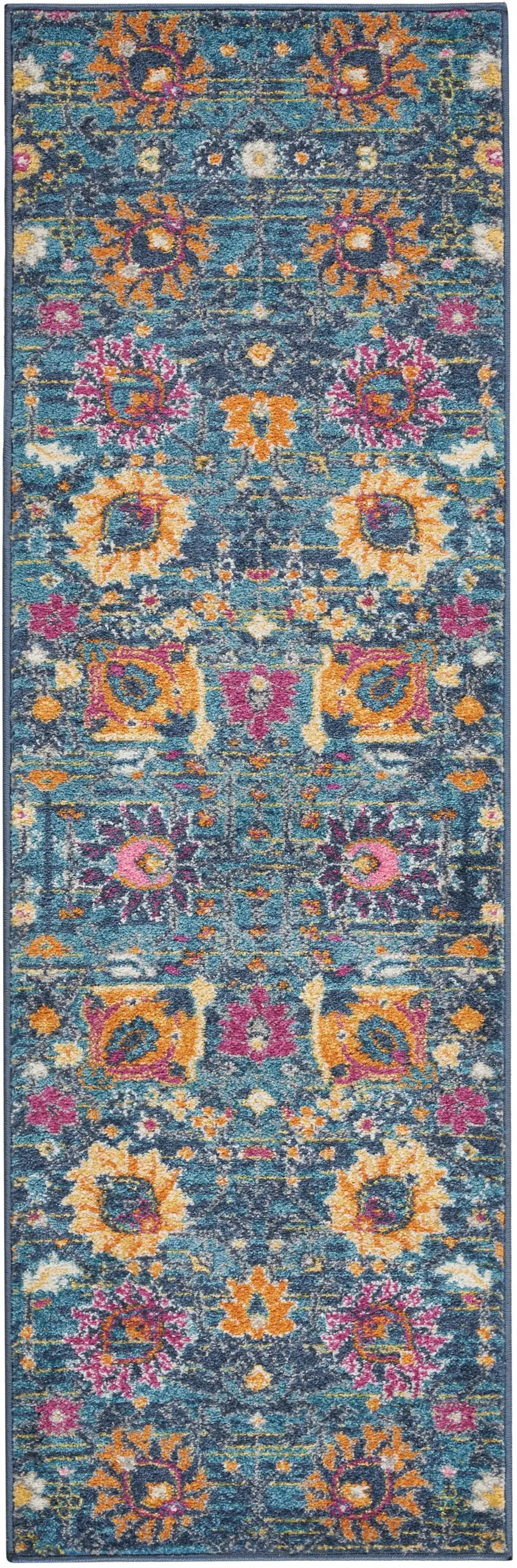 Denim Blue Florals Distressed Runner Rug Photo 1