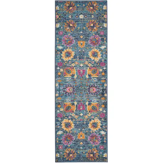Denim Blue Florals Distressed Runner Rug Photo 1