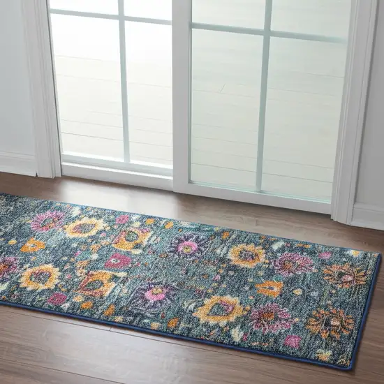 6' Blue And Orange Floral Distressed Runner Rug Photo 2
