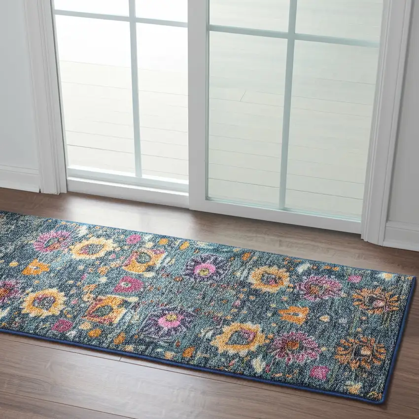 6' Blue And Orange Floral Distressed Runner Rug Photo 2
