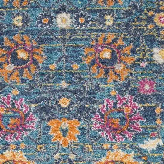 6' Blue And Orange Floral Distressed Runner Rug Photo 6