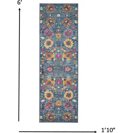 Denim Blue Florals Distressed Runner Rug Photo 2