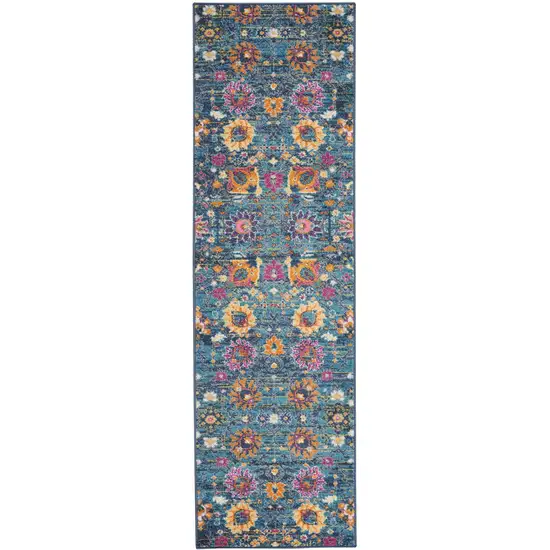 10' Blue And Orange Floral Distressed Runner Rug Photo 7