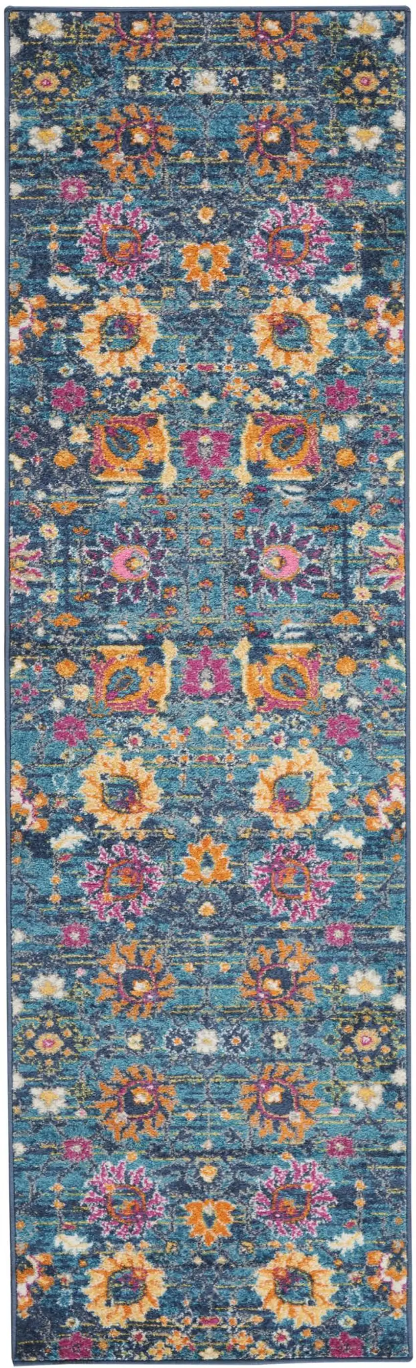 10' Blue And Orange Floral Distressed Runner Rug Photo 7