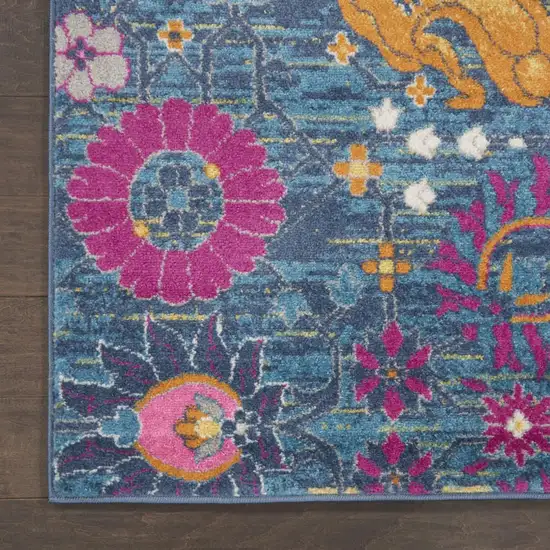 10' Blue And Orange Floral Distressed Runner Rug Photo 8