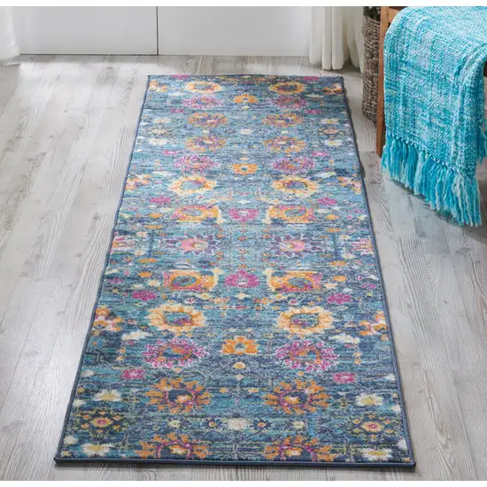 10' Blue And Orange Floral Distressed Runner Rug Photo 4