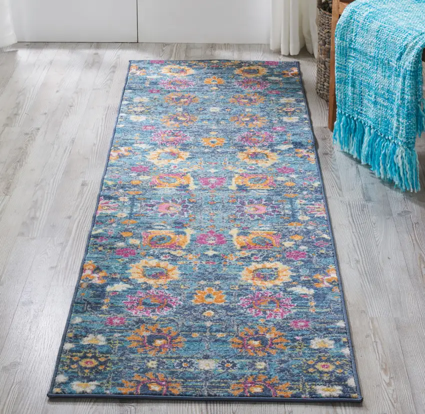 10' Blue And Orange Floral Distressed Runner Rug Photo 4