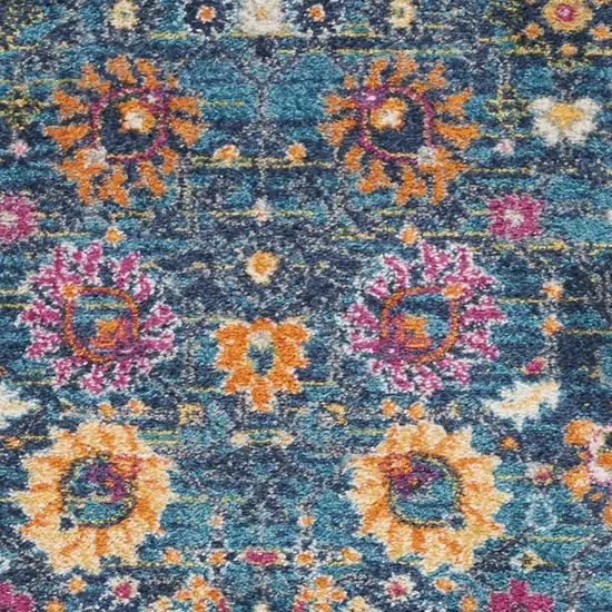10' Blue And Orange Floral Distressed Runner Rug Photo 6