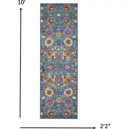 Denim Blue Florals Distressed Runner Rug Photo 2