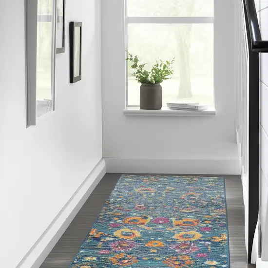 10' Blue And Orange Floral Distressed Runner Rug Photo 2