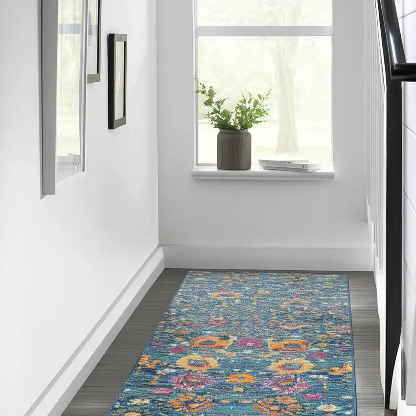 10' Blue And Orange Floral Distressed Runner Rug Photo 2