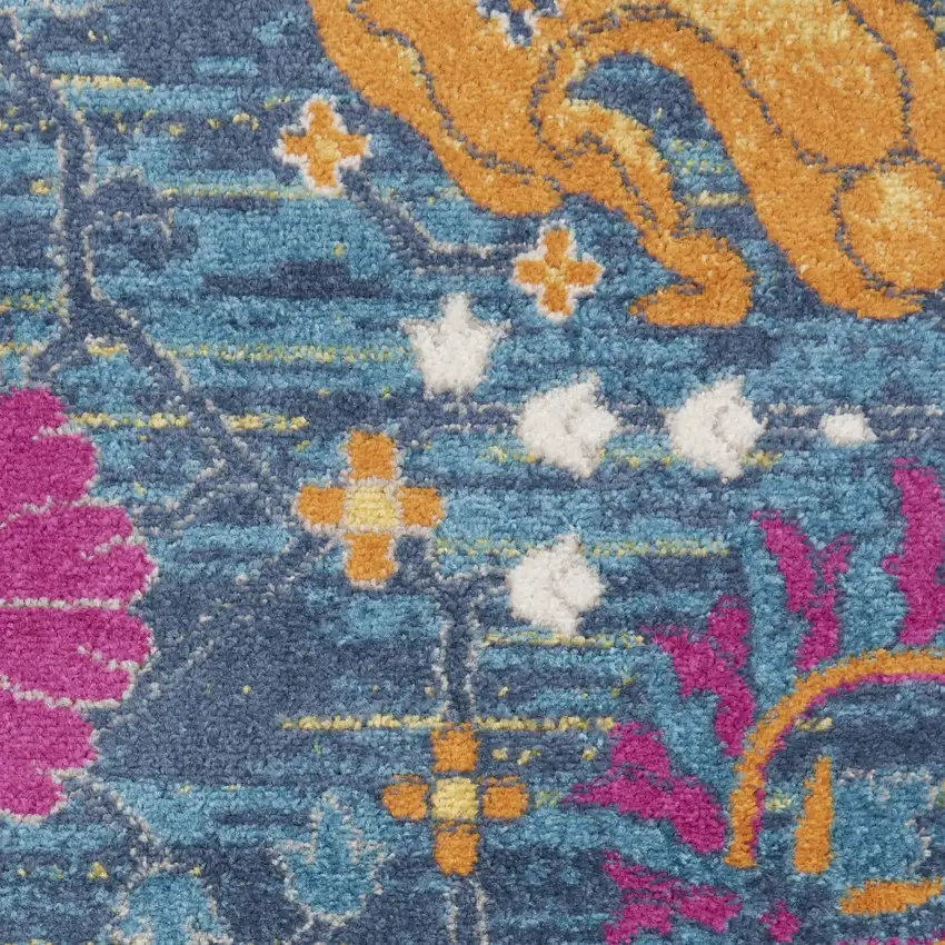 10' Blue And Orange Floral Distressed Runner Rug Photo 9