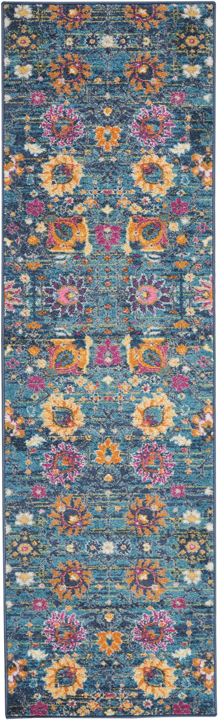 10' Blue And Orange Floral Power Loom Runner Rug Photo 8