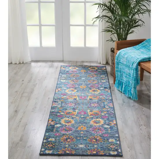 10' Blue And Orange Floral Distressed Runner Rug Photo 3