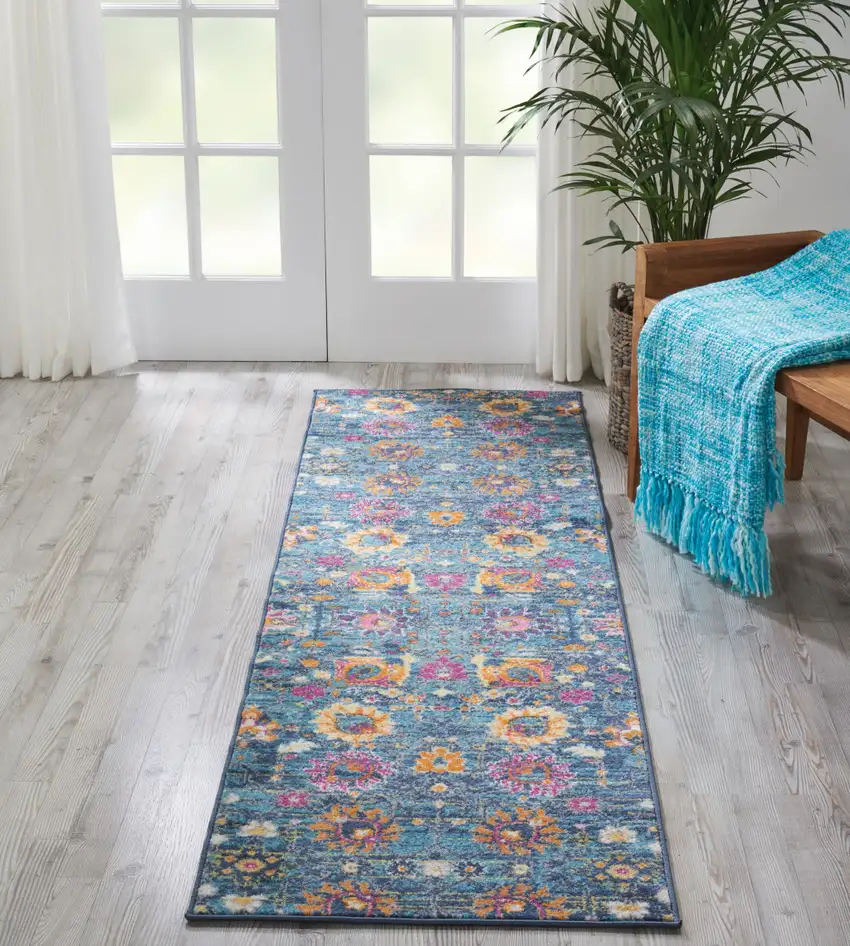 10' Blue And Orange Floral Distressed Runner Rug Photo 3