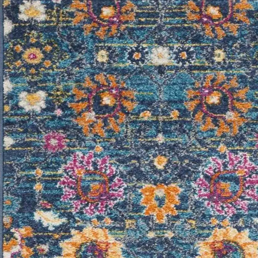 8' Blue And Orange Floral Distressed Runner Rug Photo 7