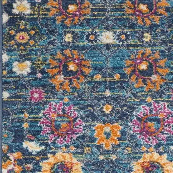 8' Blue And Orange Floral Distressed Runner Rug Photo 7