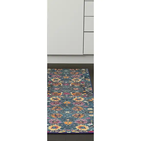 8' Blue And Orange Floral Distressed Runner Rug Photo 3