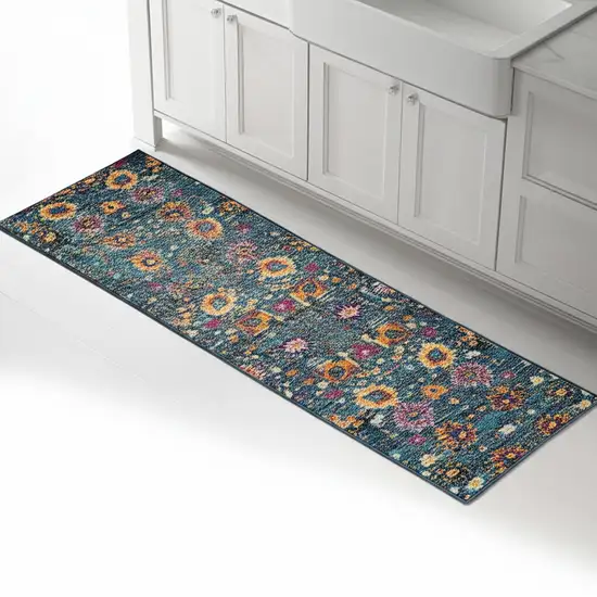 8' Blue And Orange Floral Distressed Runner Rug Photo 2