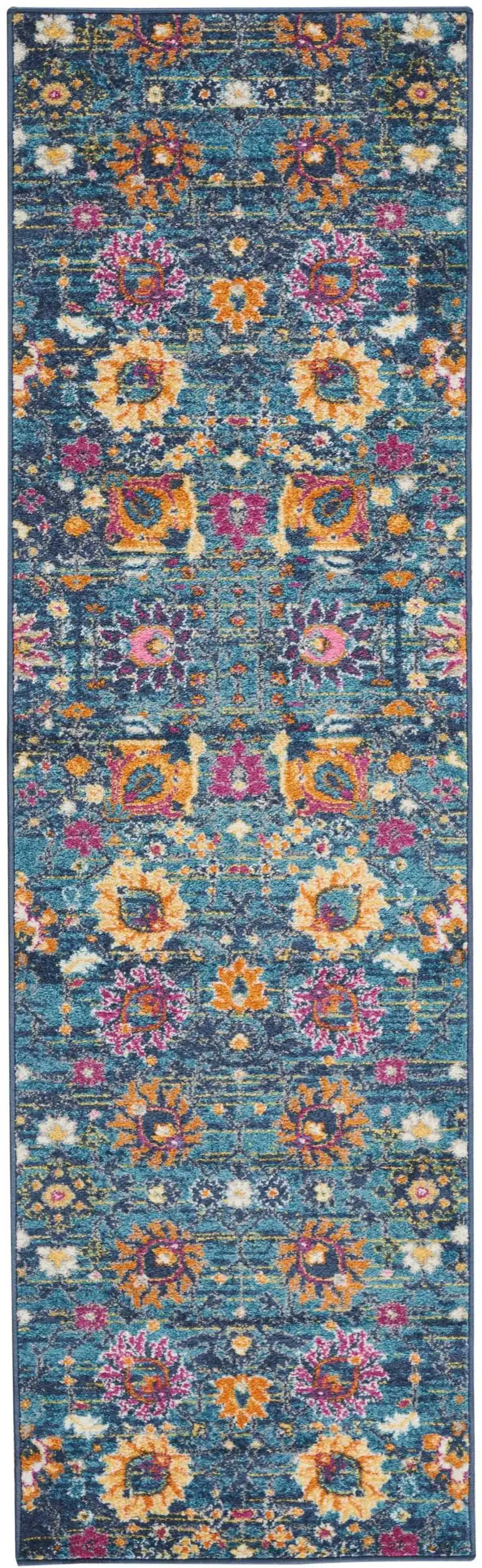8' Blue And Orange Floral Distressed Runner Rug Photo 2