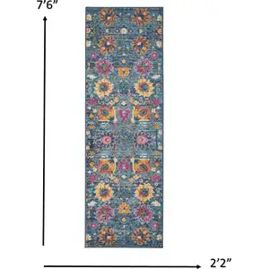 Photo of Denim Blue Florals Distressed Runner Rug