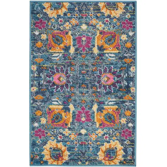 Blue And Orange Floral Distressed Area Rug Photo 9