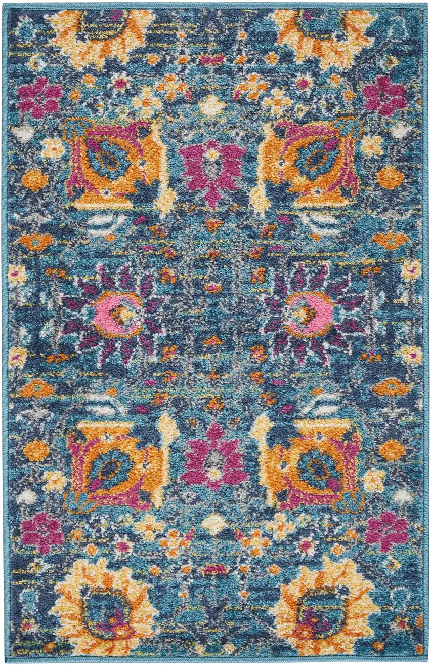 Blue And Orange Floral Distressed Area Rug Photo 6