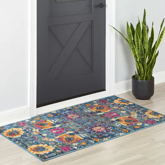 Blue And Orange Floral Distressed Area Rug Photo 2