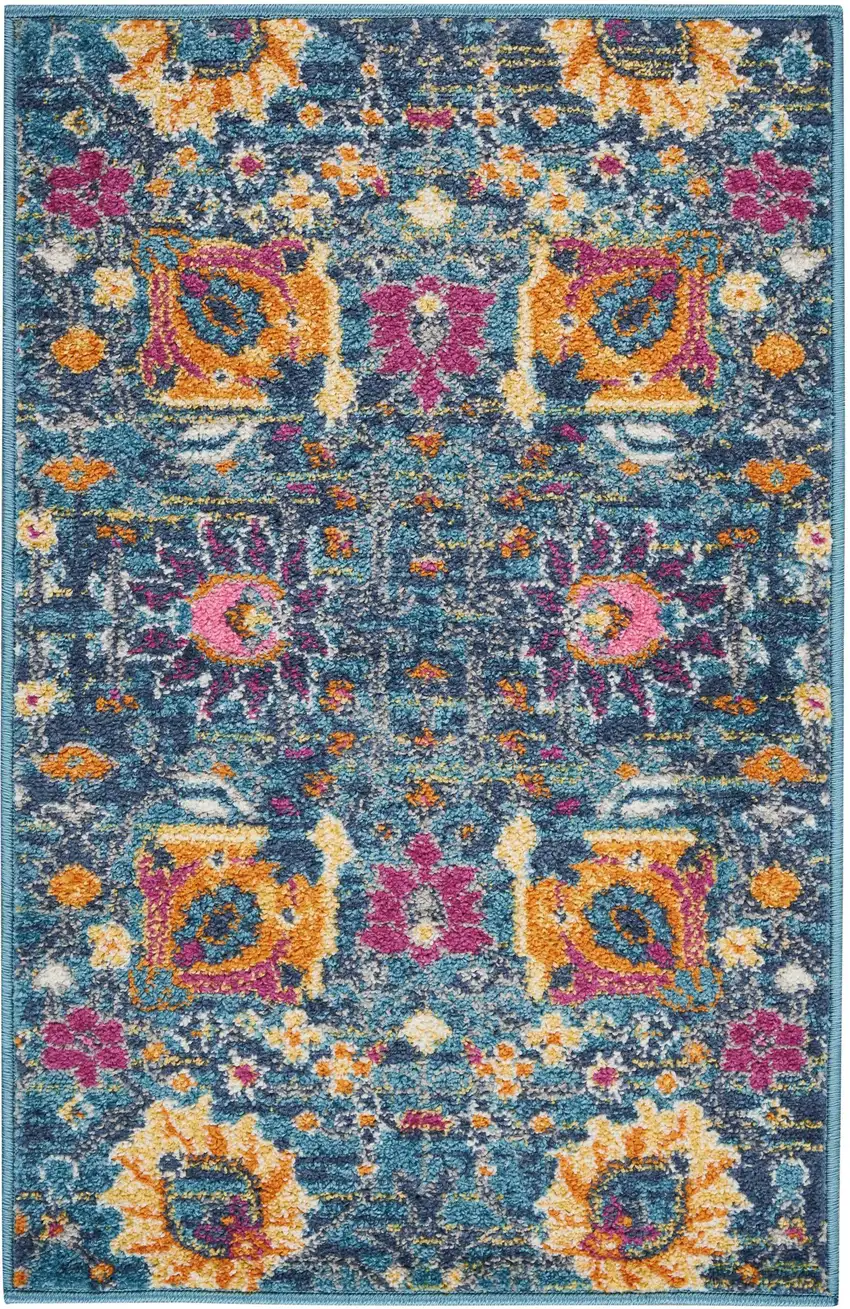Blue And Orange Floral Distressed Area Rug Photo 1