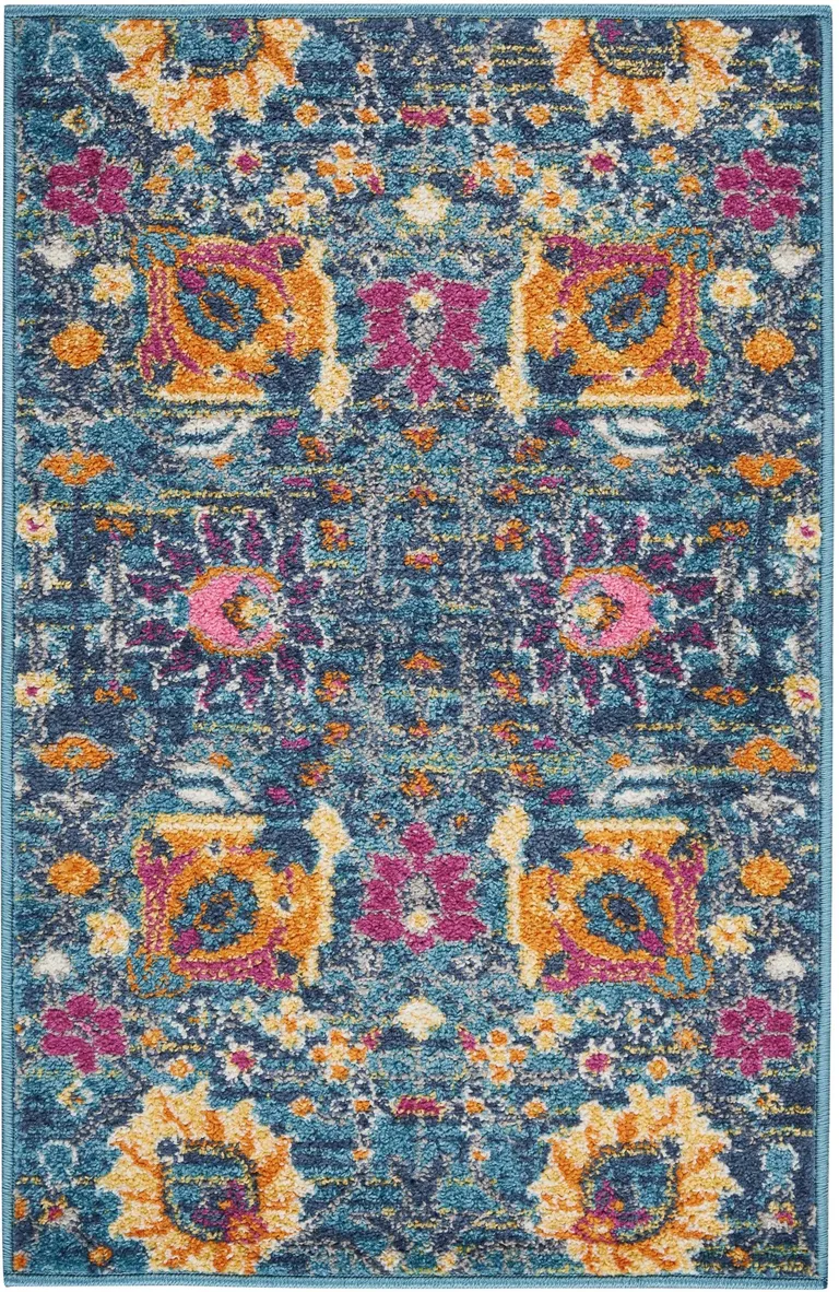 Denim Blue Florals Distressed Scatter Rug Photo 1