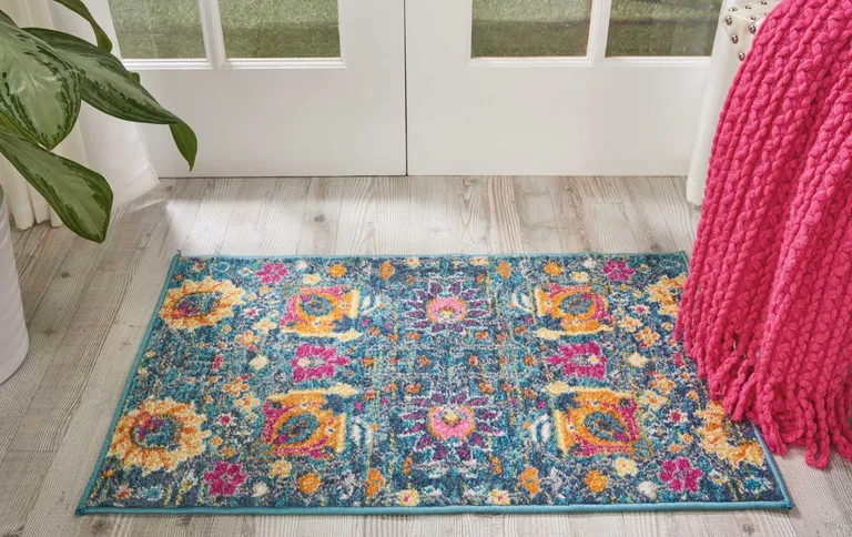 Denim Blue Florals Distressed Scatter Rug Photo 5